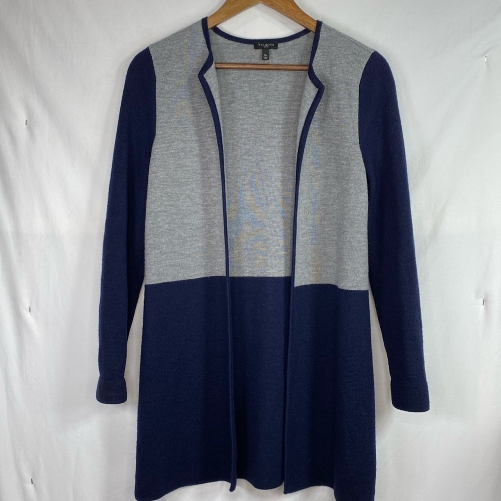 Talbots MP Merino Wool Blend Open Front Long Line Color Block Navy/Gray Cardigan